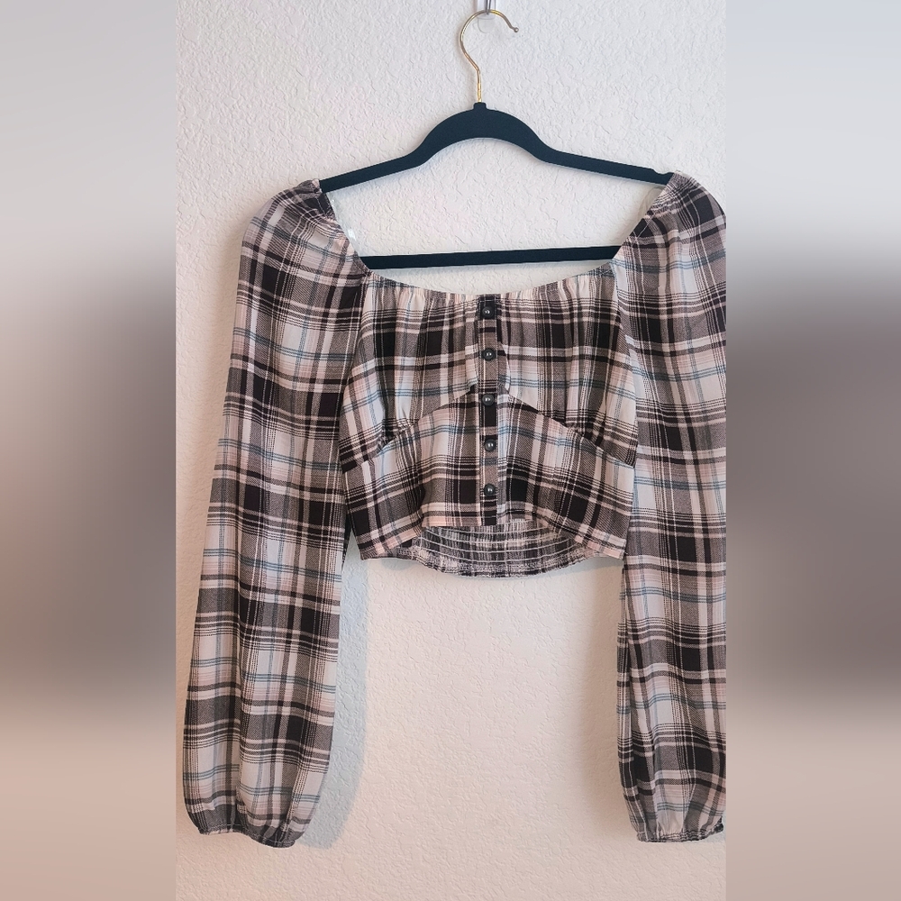 Women’s Plaid Off Shoulder Crop Top Long Sleeve Brunch Style Size M